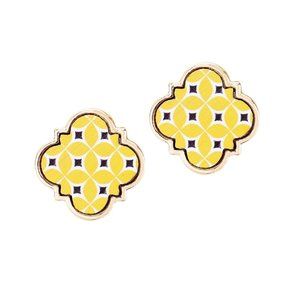 Tigerstars Gorgeous Moroccan Yellow Pattern Wood Quatrefoil Stud Earrings